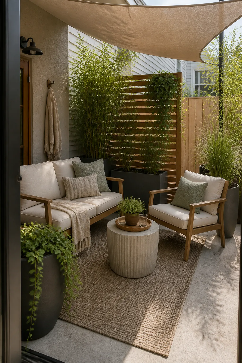 Small patio outdoor room with compact lounge furniture and layered greenery