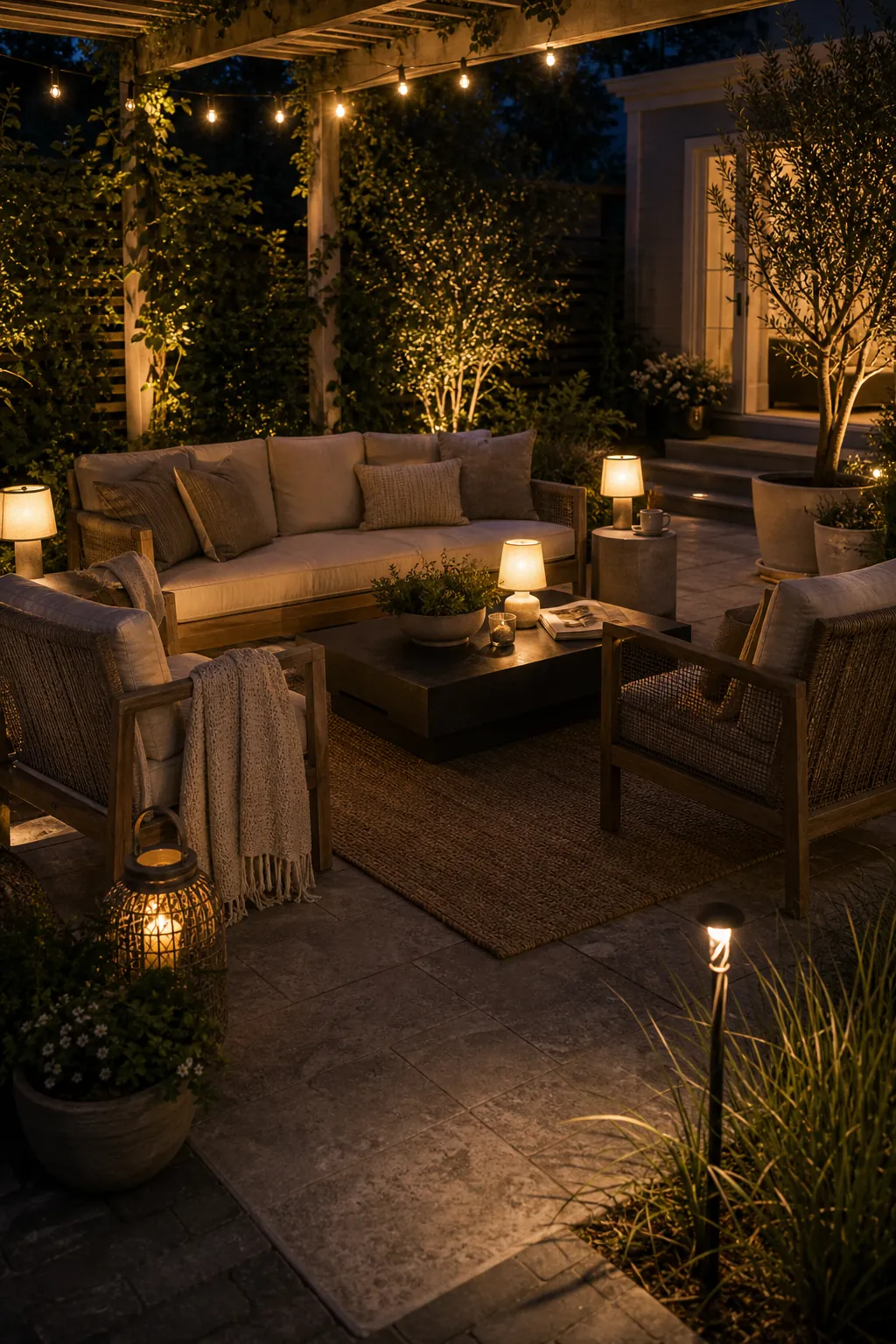 Backyard outdoor lounge at night with layered string lights and warm lanterns