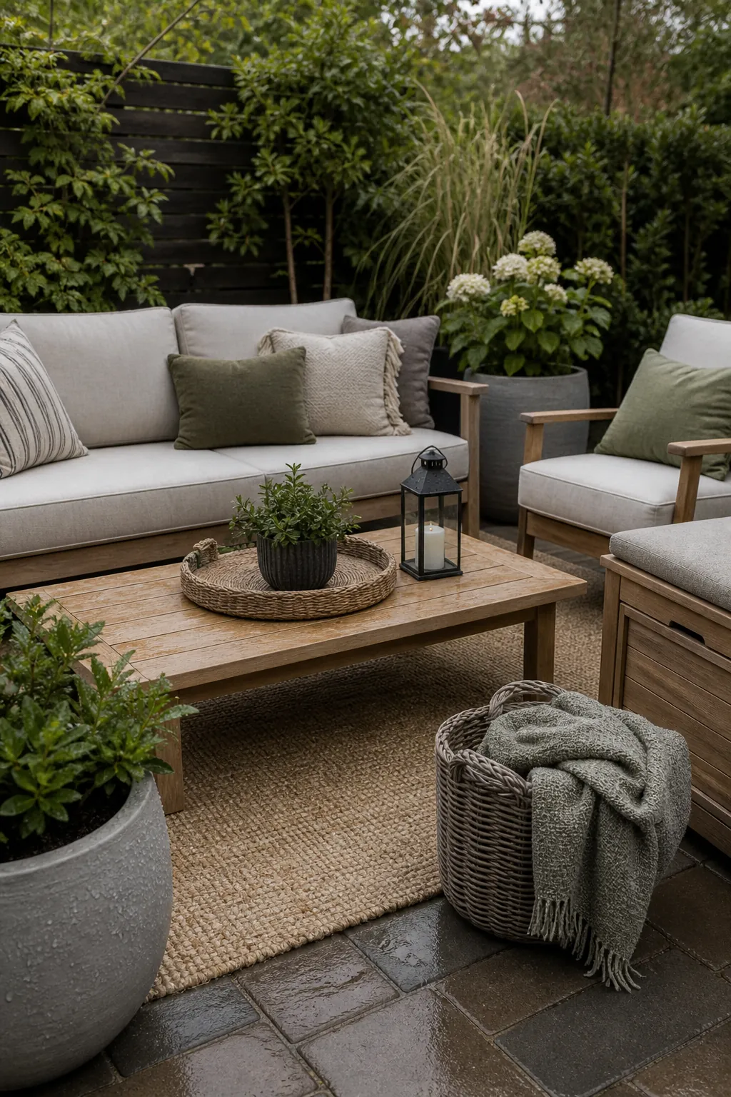 Weather ready patio decor with outdoor rug cushions side table and planters