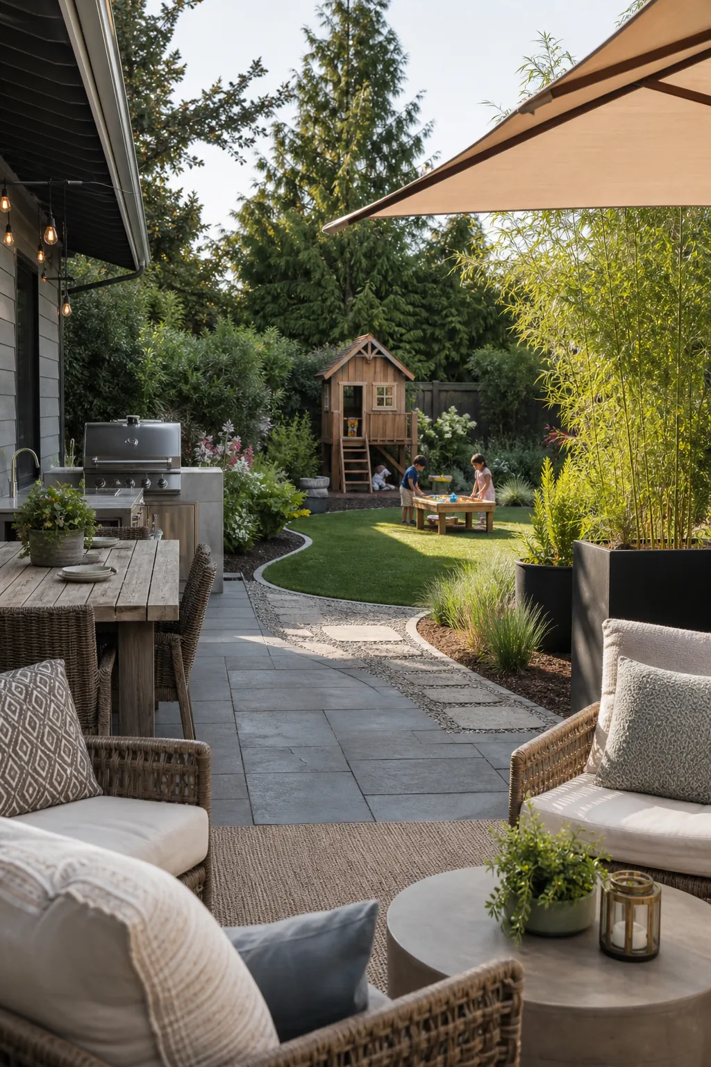 Backyard zones for a family with play space, patio seating, outdoor dining, and privacy planting