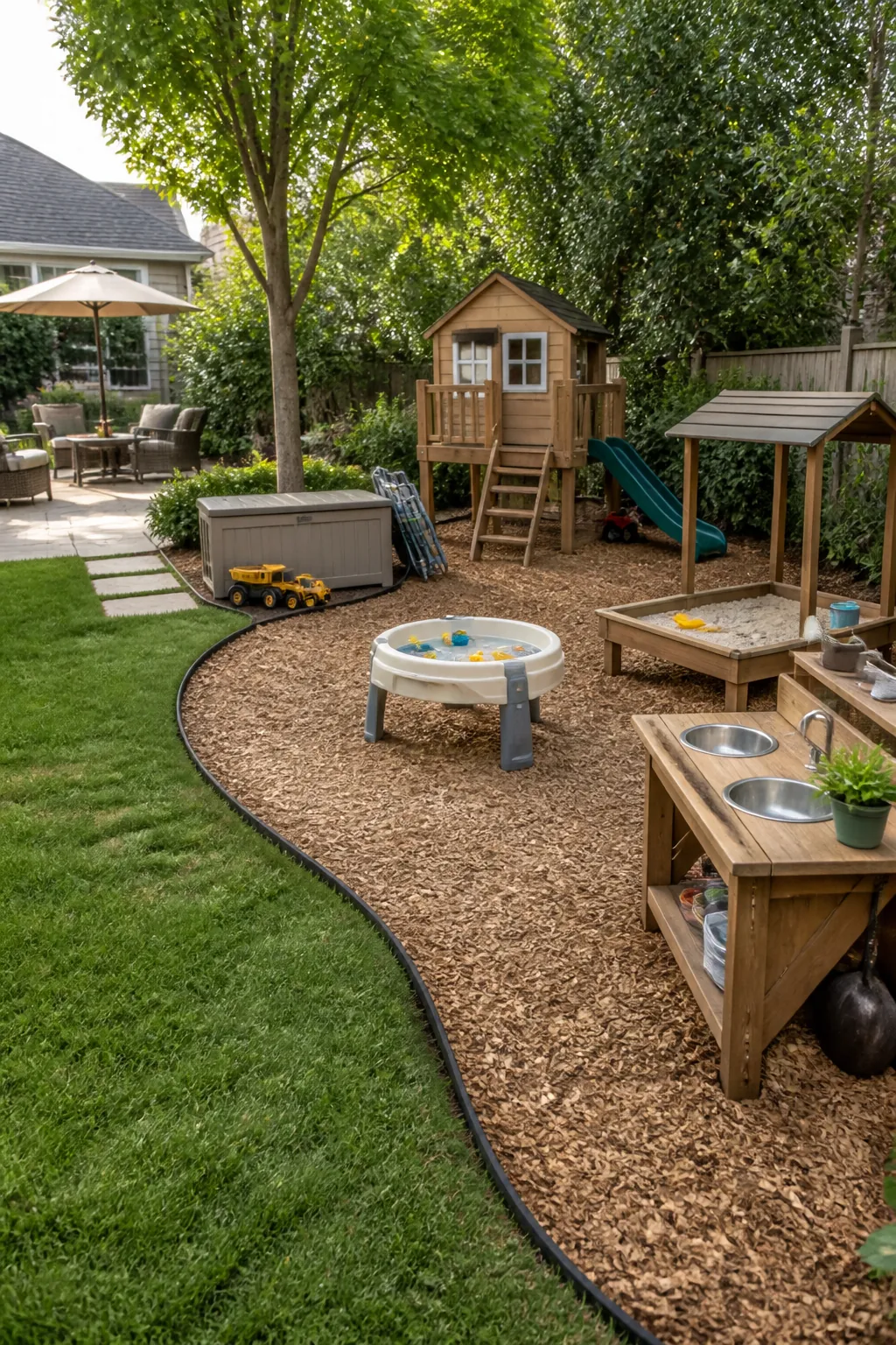 Defined backyard play zone with mulch surface, storage bench, shade, and nearby parent seating