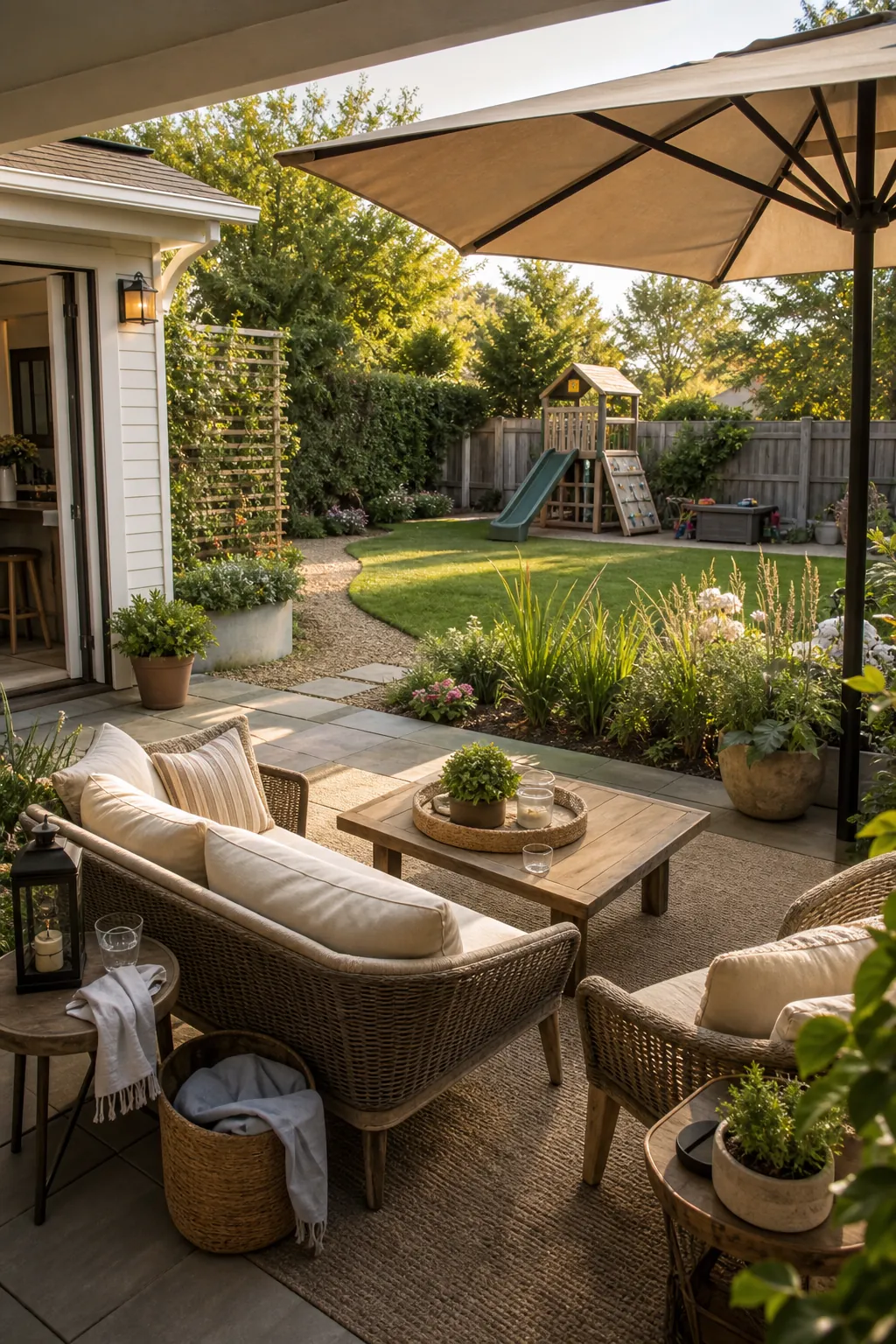 Outdoor seating zone near a family play area with shade umbrella, side tables, and clear sight lines