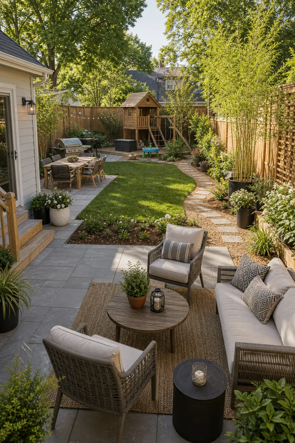 Family backyard layout with play lawn, patio seating, outdoor dining, privacy planting, and garden paths