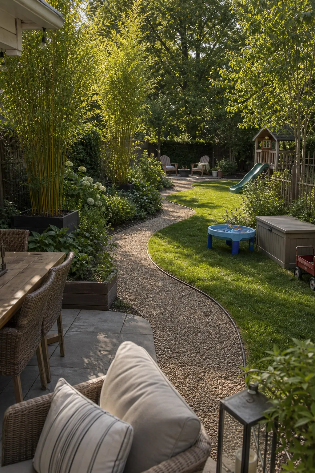 Curved backyard path connecting play lawn, garden beds, outdoor seating, and dining patio