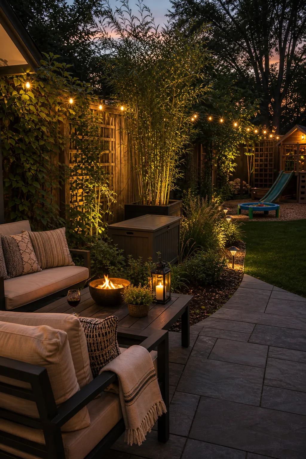 Evening backyard relaxation zone with warm lighting, outdoor seating, privacy plants, and tidy play area nearby