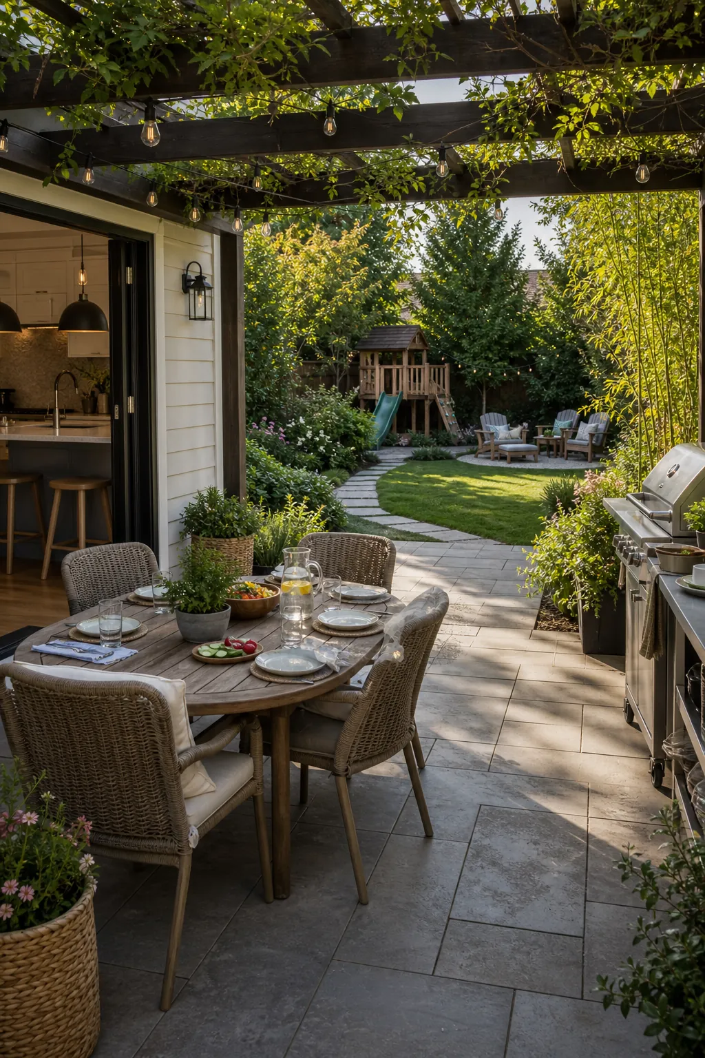 Family outdoor dining patio near the kitchen with clear circulation and a nearby grill station