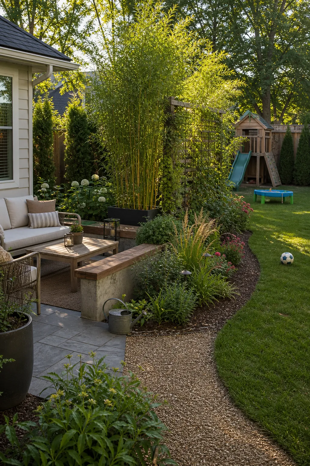 Layered privacy planting dividing backyard outdoor zones with shrubs, trellis, grasses, and patio seating