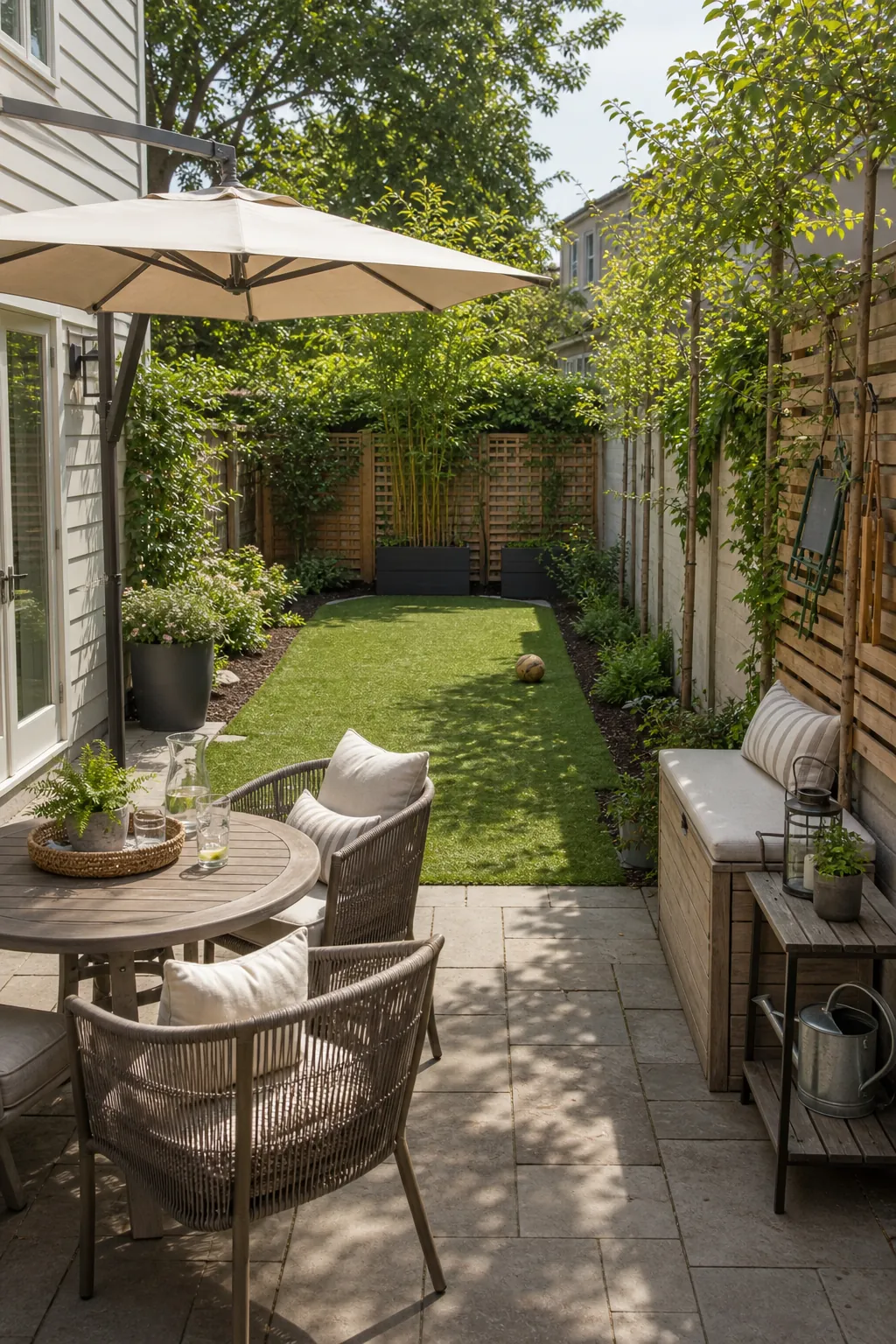 Small family backyard with two clear zones for patio seating and flexible play lawn with vertical privacy