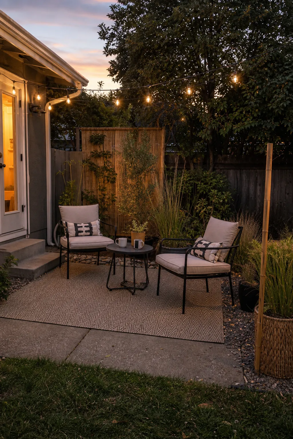 Cozy backyard on a budget with warm lights, simple seating, potted plants, and natural outdoor decor