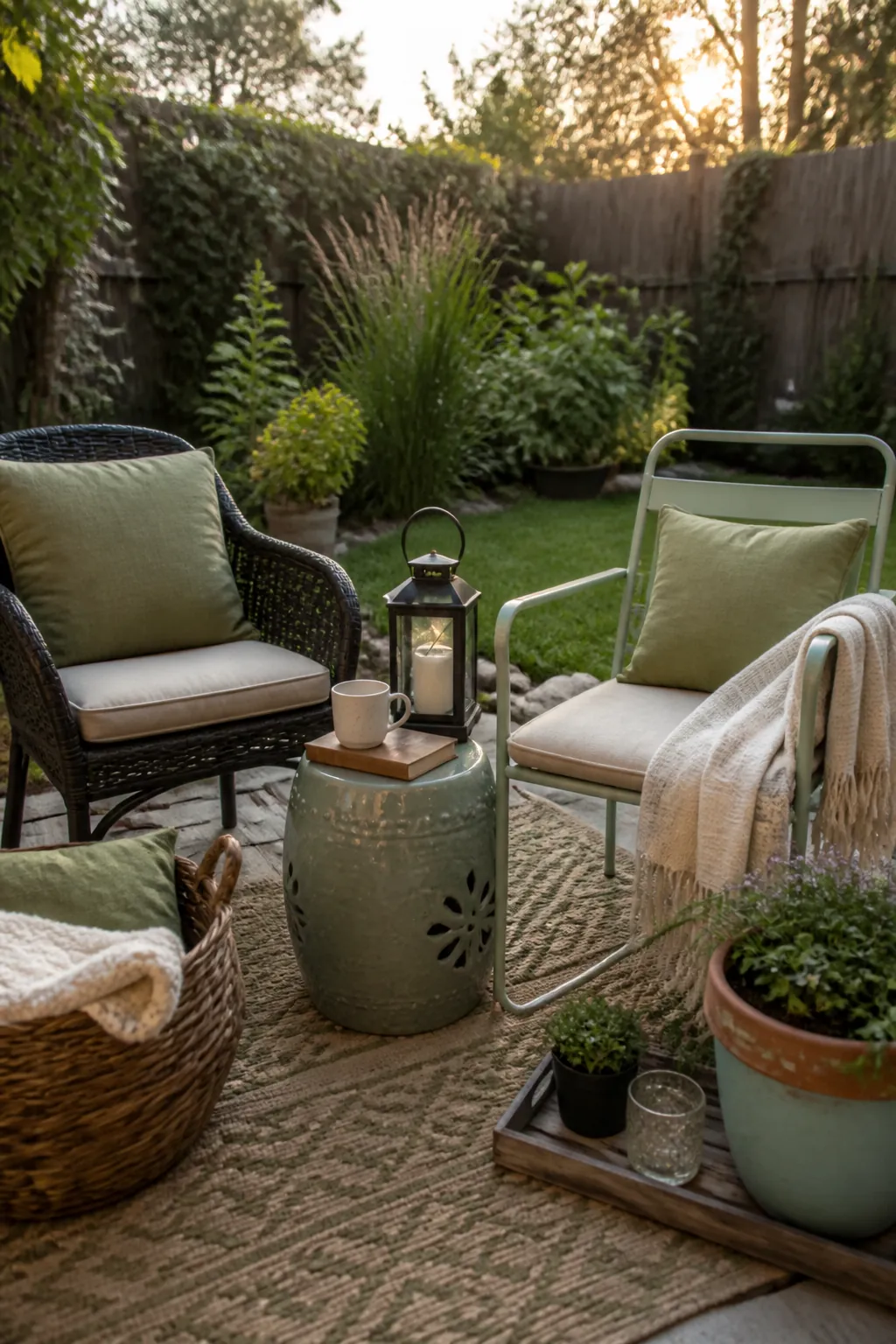 Thrifted outdoor seating with washable cushions, a throw blanket, and a small patio table