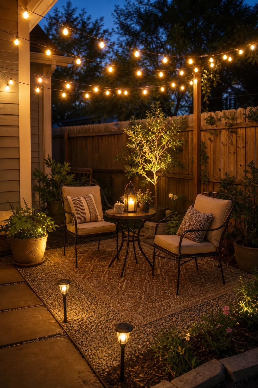 Warm backyard string lights over a small patio seating area with lanterns and solar path lights