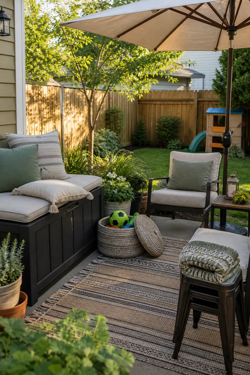 Family backyard with storage bench, shade umbrella, washable cushions, and tidy outdoor living details