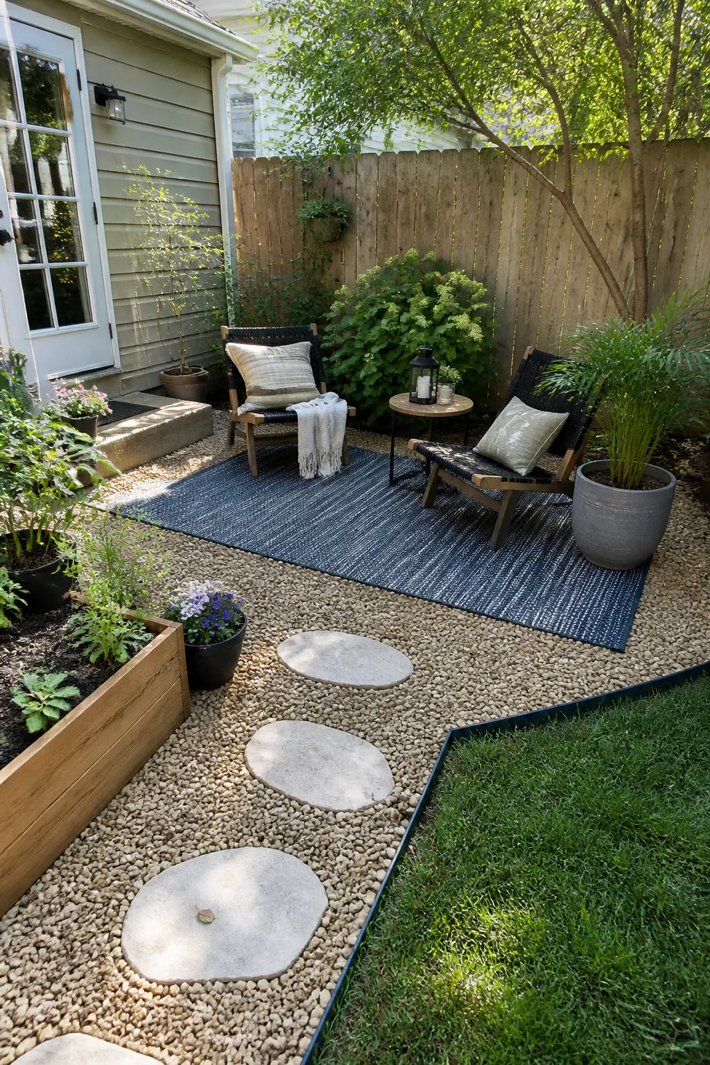 DIY gravel patio with an outdoor rug, stepping stones, and affordable patio decor