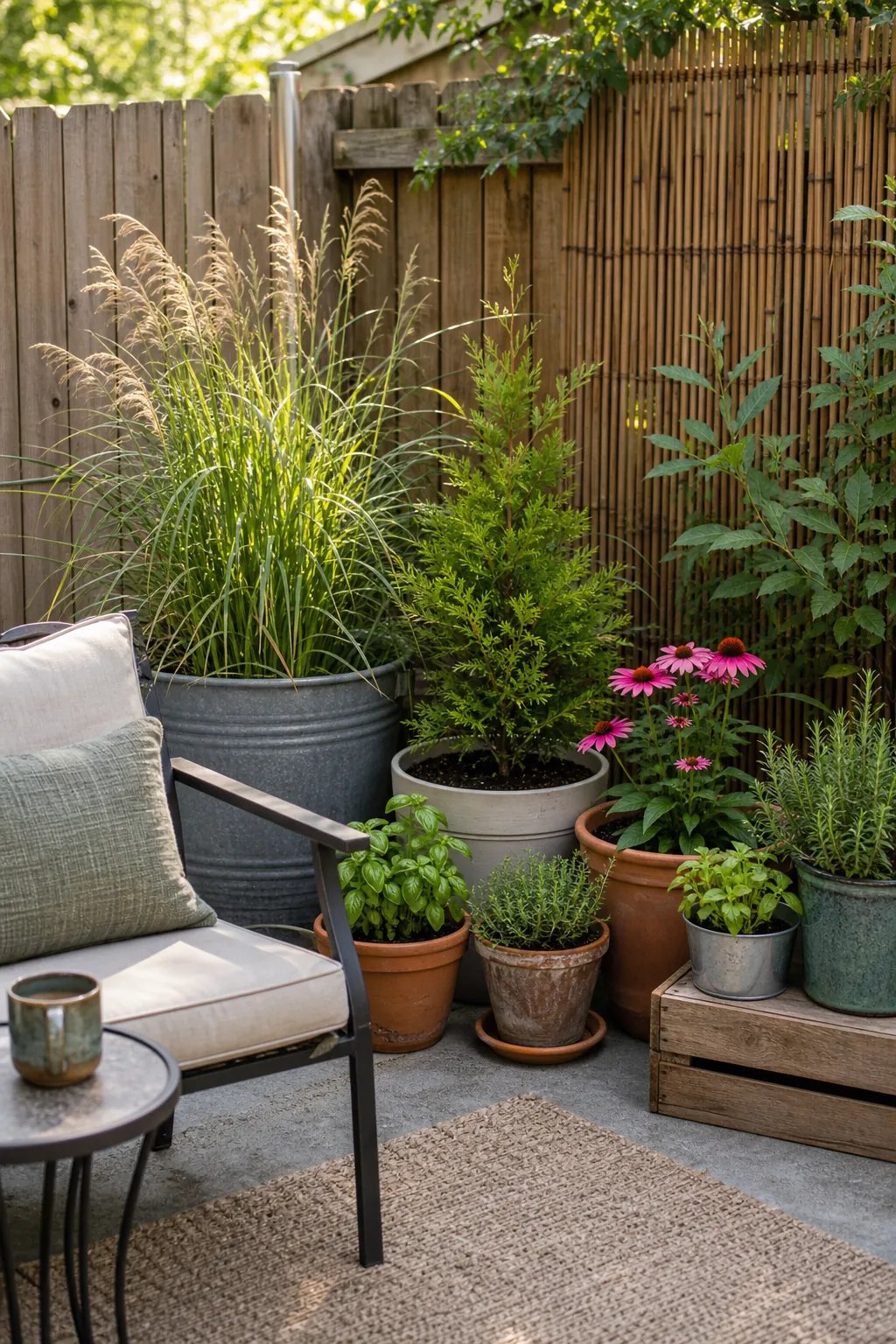 Container plants and ornamental grasses softening the edges of a cozy backyard patio