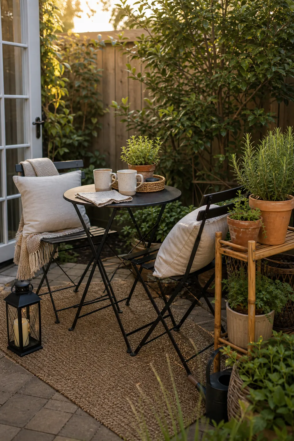 Cozy outdoor living coffee corner with bistro seating, herbs, warm light, and budget backyard decor