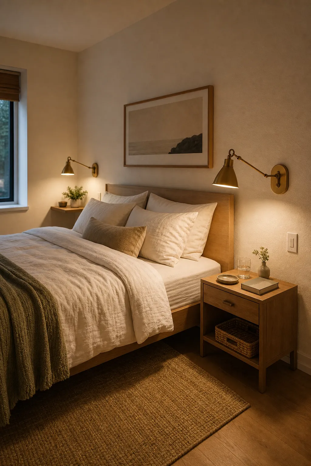 Wall sconces freeing small nightstand surfaces in a cozy bedroom