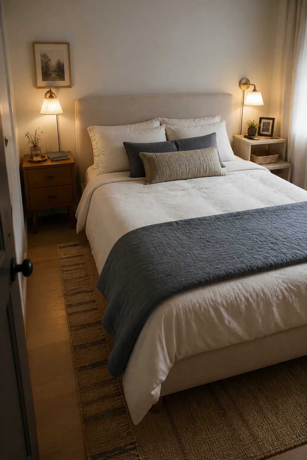 Matching but not identical bedside stations in a small shared bedroom
