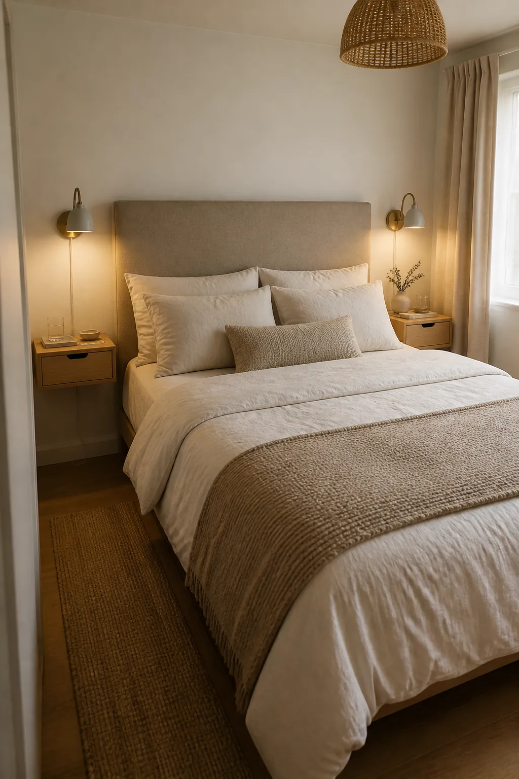 Small couple bedroom with slim floating nightstands and tidy bedside styling