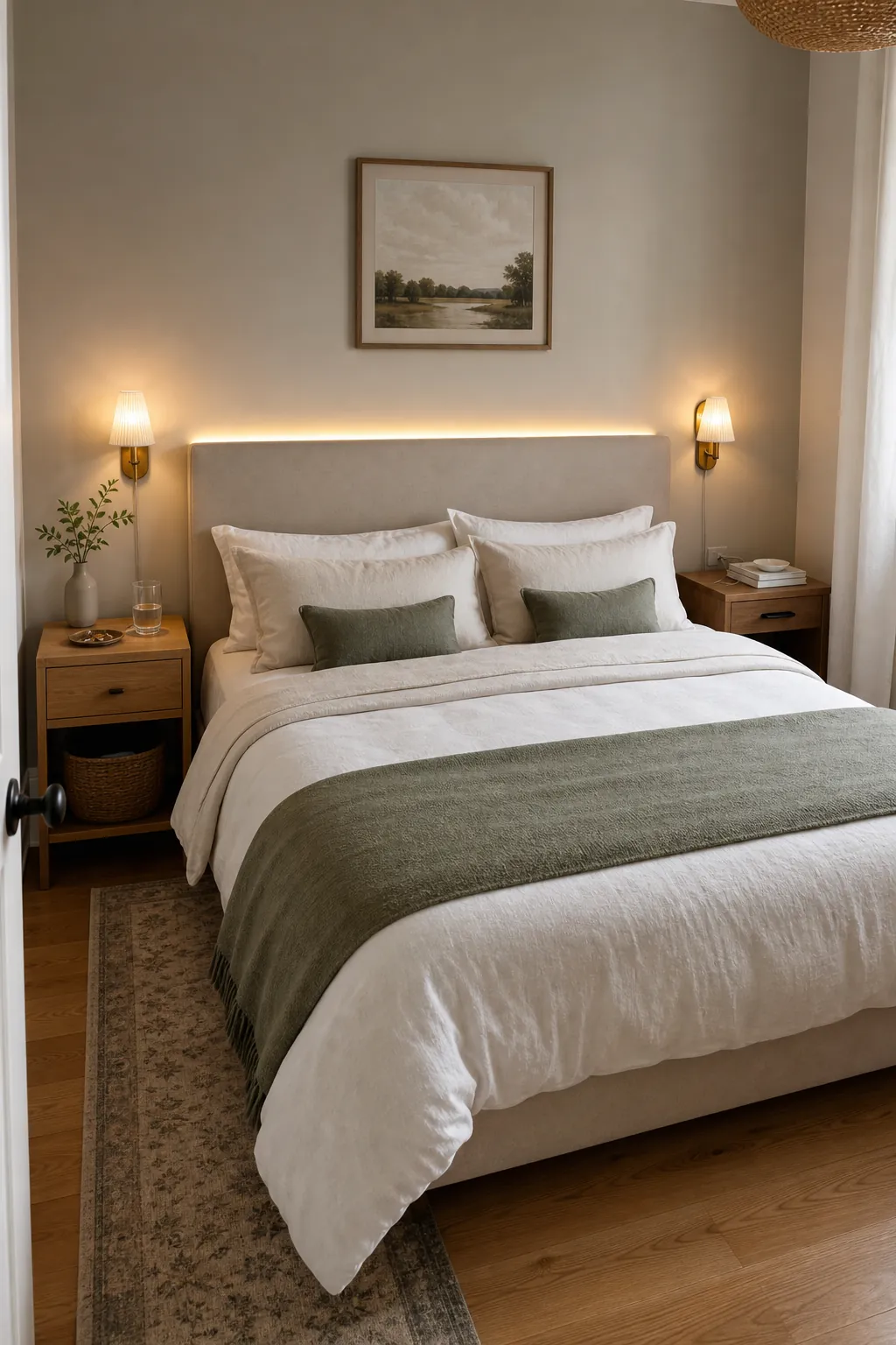 Small couple bedroom with warm bedside lighting and stylish nightstand storage