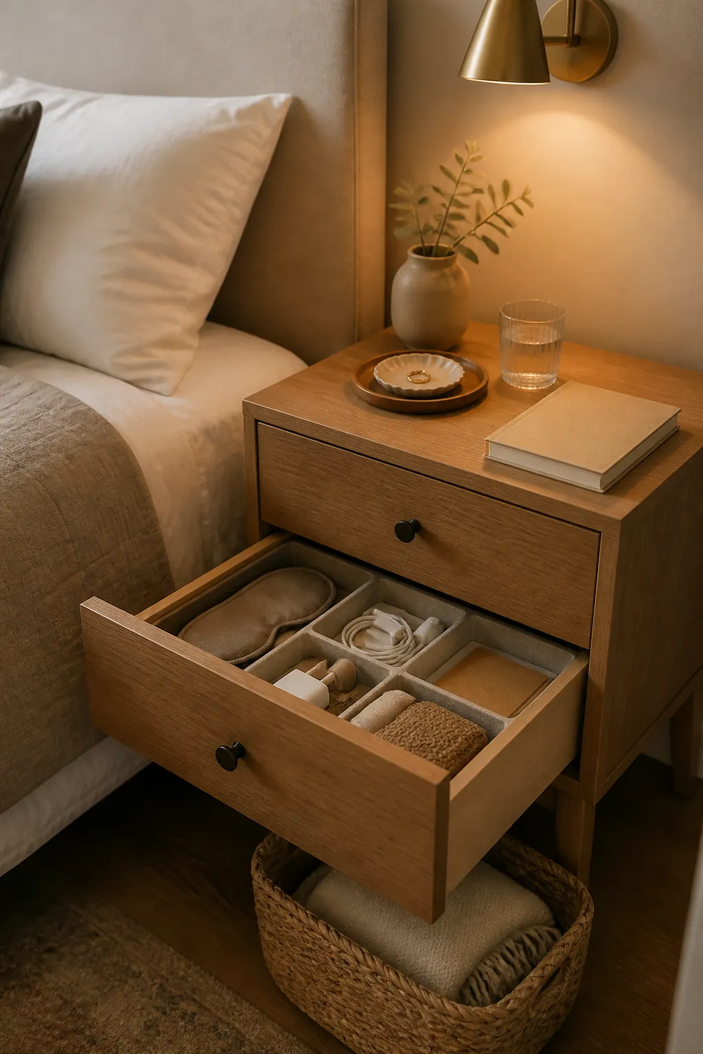 Organized drawer storage and tray styling for a shared small bedroom nightstand