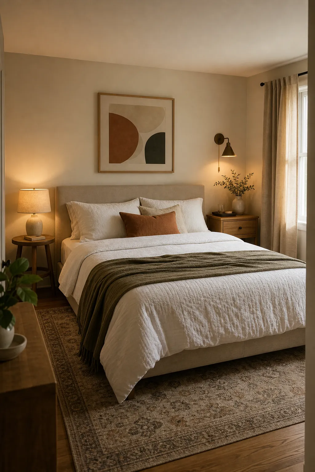 Asymmetrical nightstand styling with balanced bedside decor in a couple bedroom