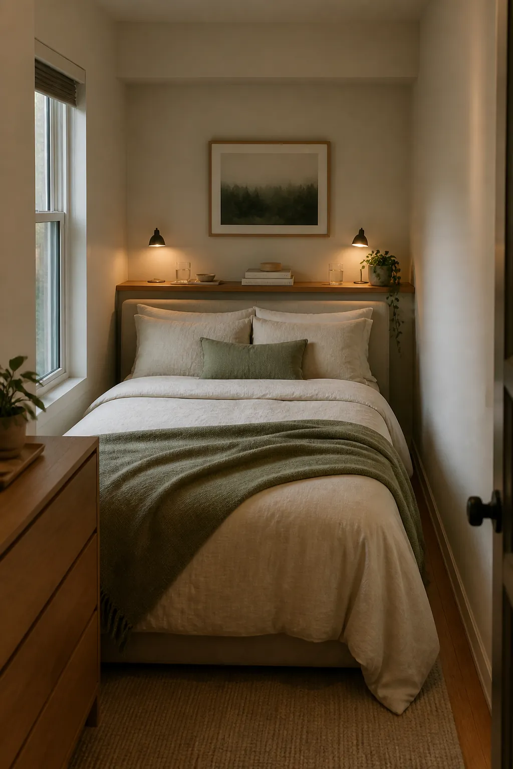 Behind the headboard shelf used as a shared nightstand in a narrow bedroom