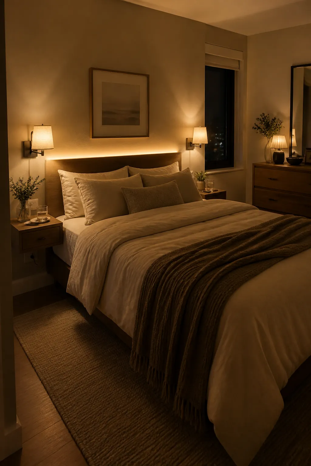 Soft layered lighting in a cozy small couple bedroom with tidy bedside decor
