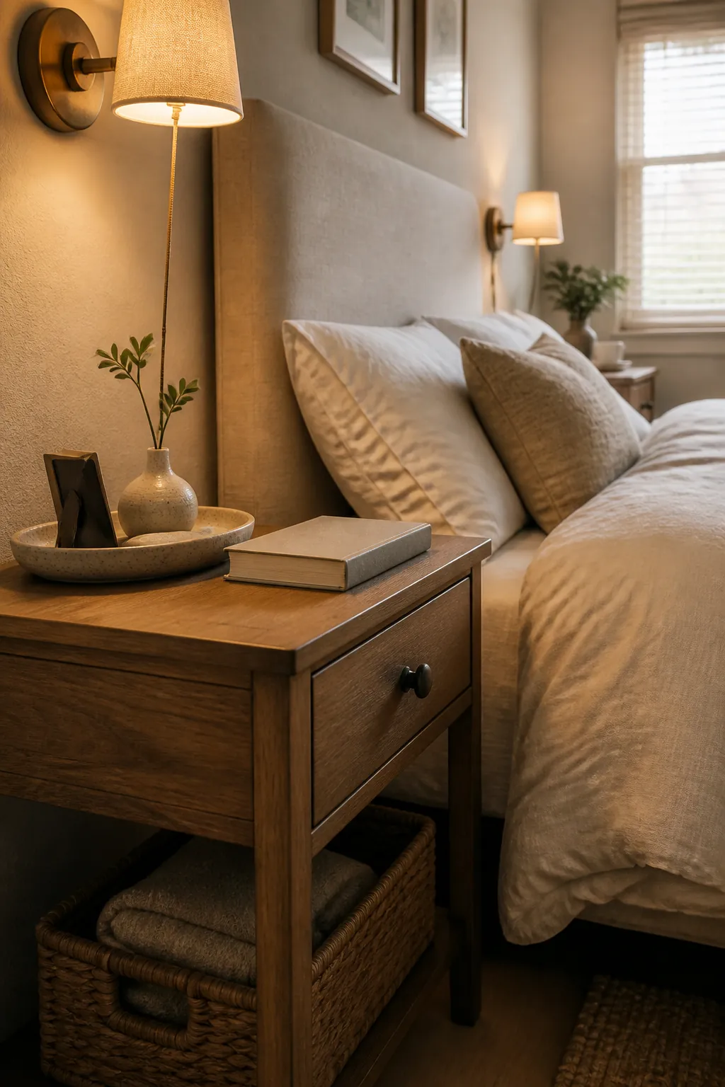 Simple nightstand styling formula with tray lamp and personal decor in a small bedroom