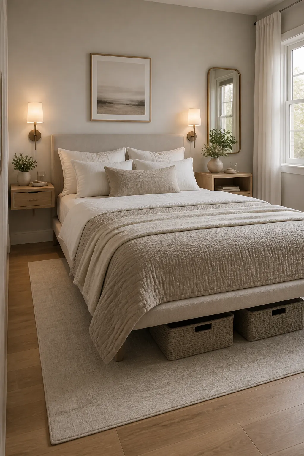 Clear bedside floor with underbed storage in a small couple bedroom