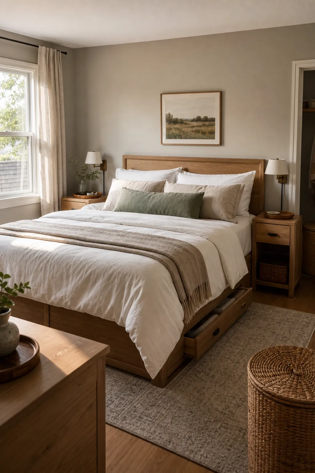 Clutter free shared bedroom with neutral styling and smart couple storage