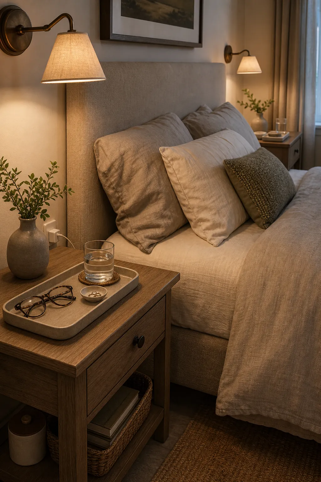 Organized nightstand decor for a clutter free shared bedroom