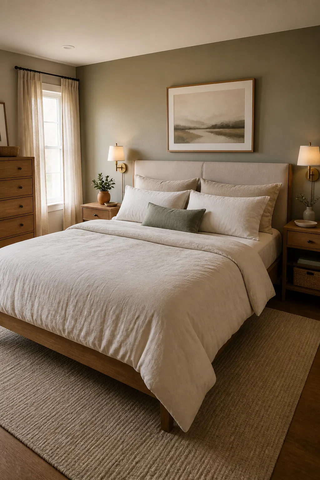 Neutral shared bedroom with cozy bedding and calm clutter free styling
