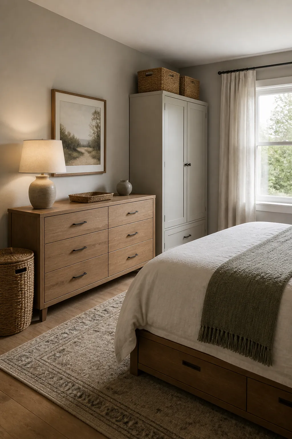 Closed bedroom storage cabinet and dresser keeping a shared bedroom clutter free