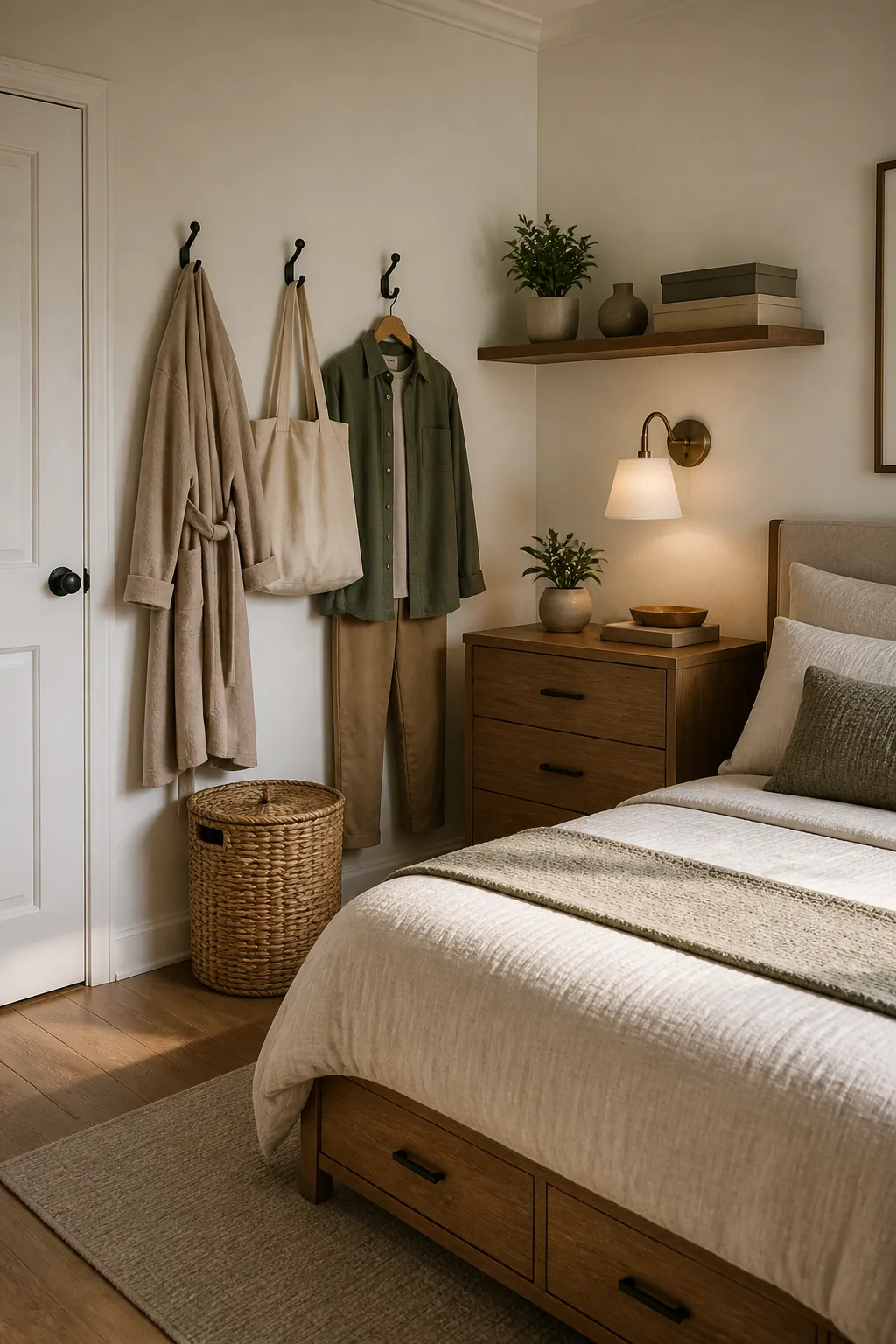 Vertical storage ideas with hooks and floating shelves in a shared bedroom