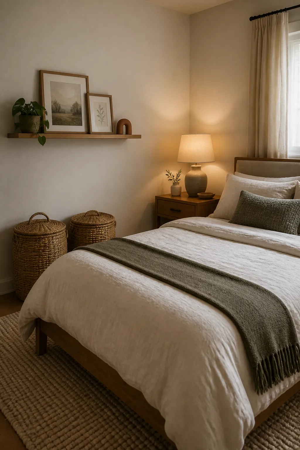 Cozy neutral bedroom styling with restrained decor and warm lighting