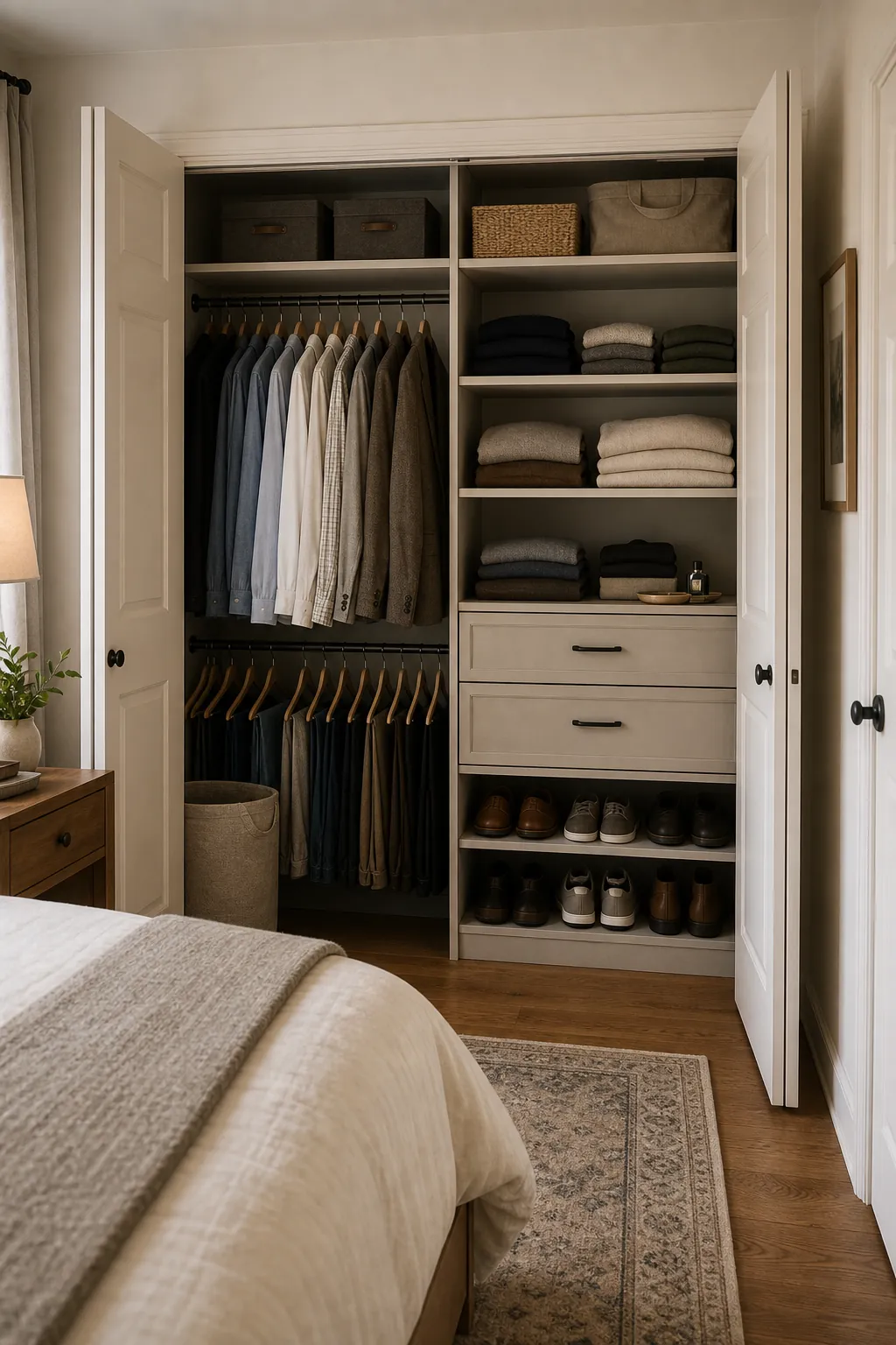 Shared closet organization with labeled zones for a couple bedroom