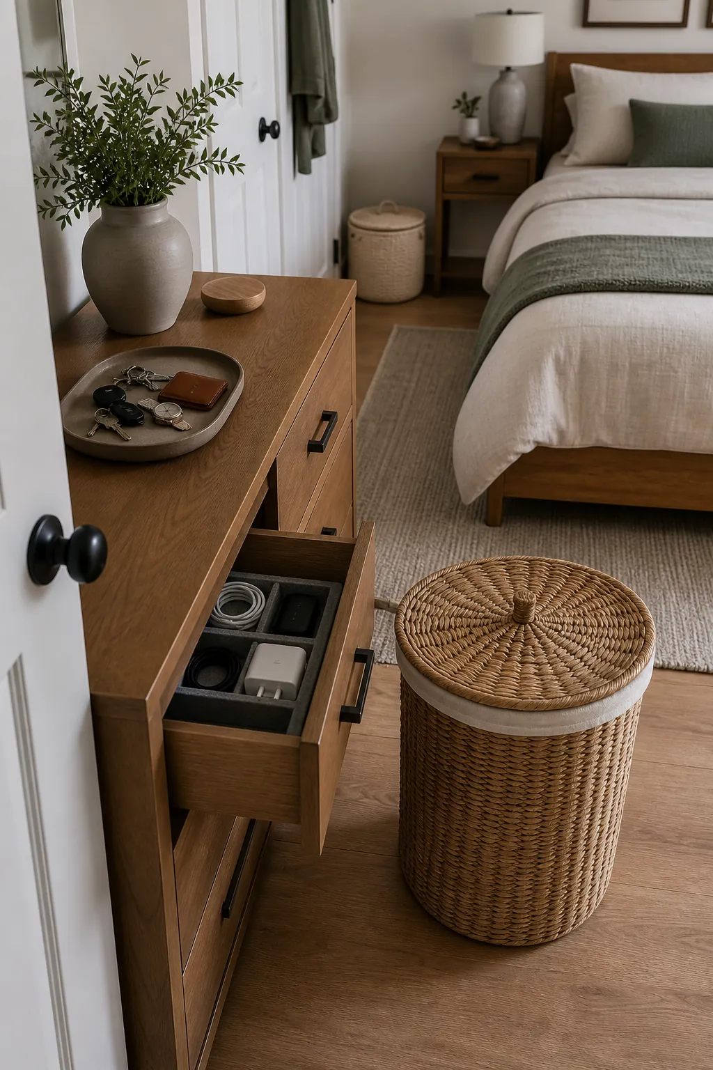 Simple bedroom reset system with hamper tray and closed storage