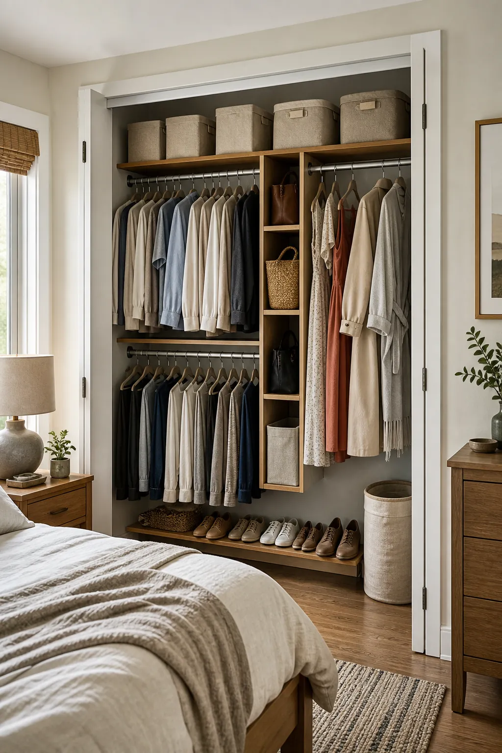 Double hanging small closet layout for two partners with one tall section for longer clothes