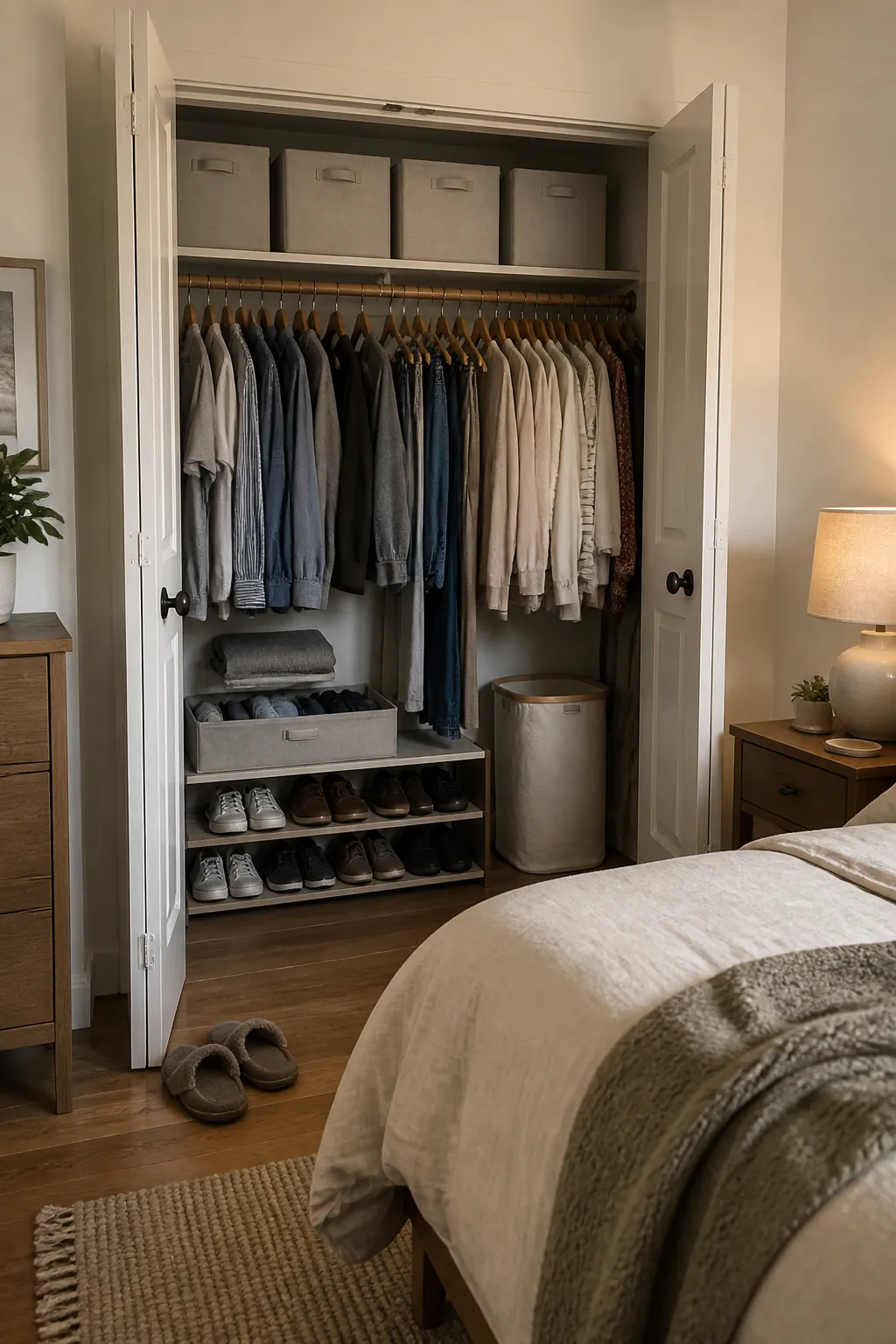 Small closet daily wear zone with current season clothes and simple bedroom organization