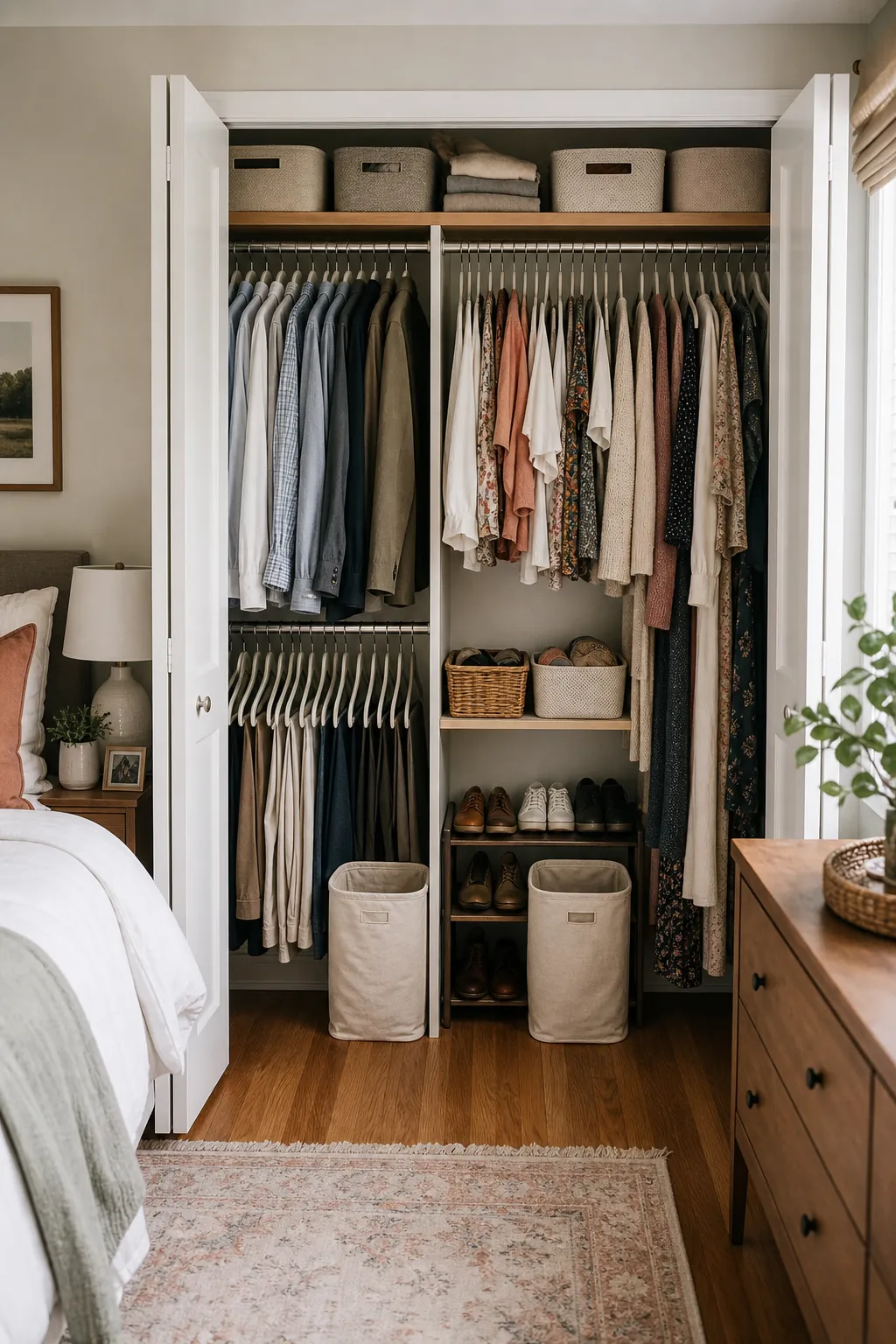 Fair shared small closet split in a couple bedroom with matching hangers and labeled bins