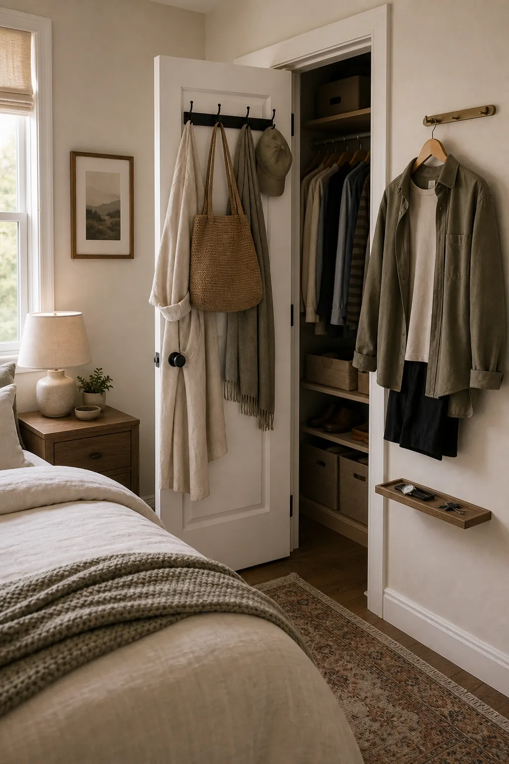 Closet door accessory hooks for bags scarves and robes in a small couple bedroom