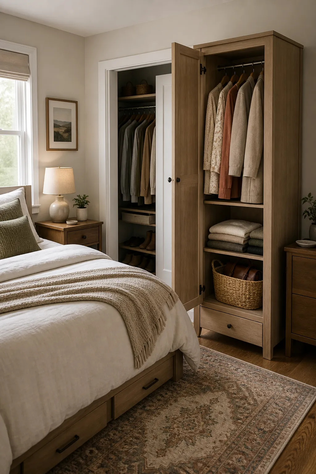 Slim wardrobe used as a secondary closet in a practical couple bedroom