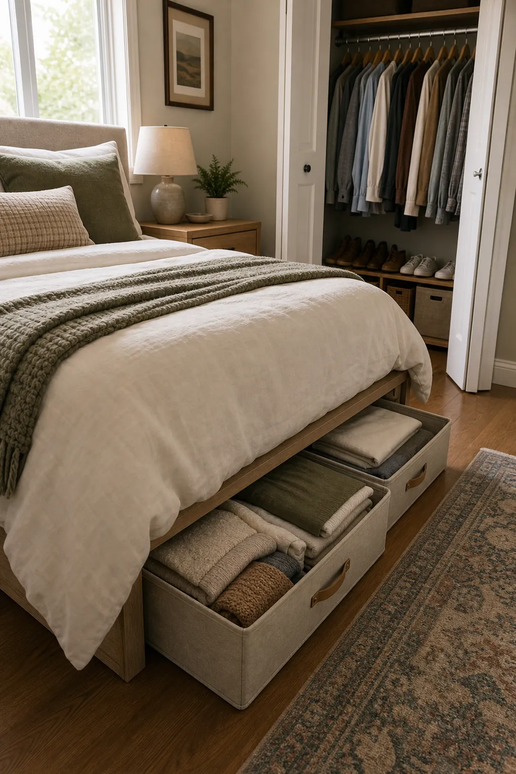 Under-bed seasonal storage drawers in a small couple bedroom with one closet