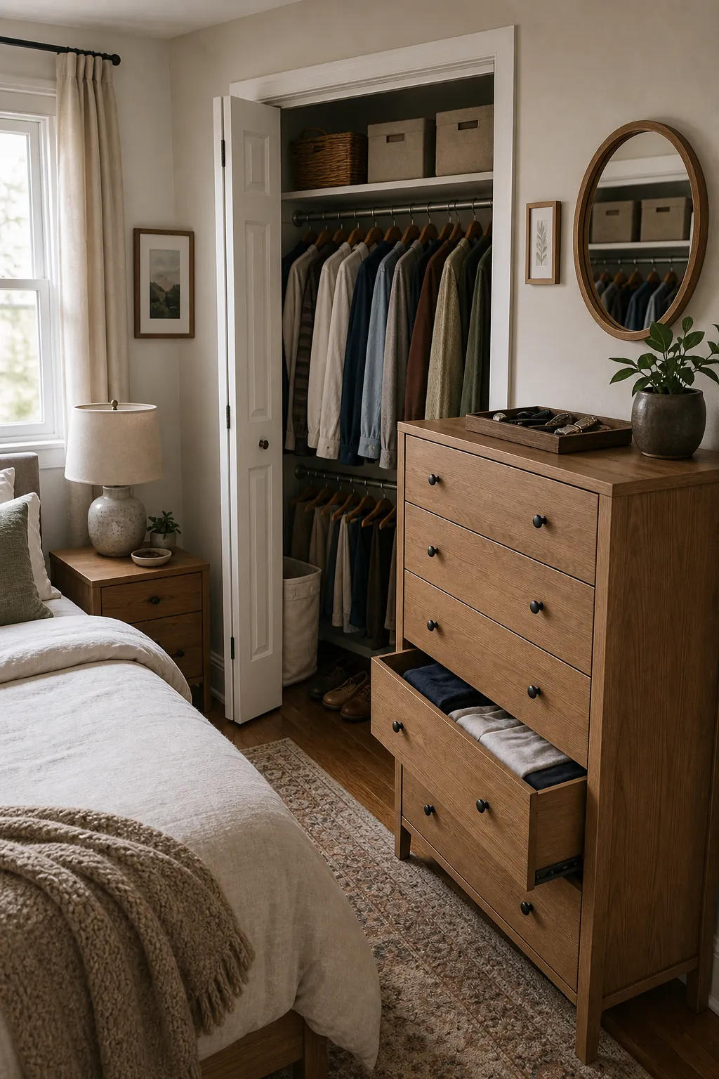 Tall dresser beside a small shared closet for couple bedroom storage overflow