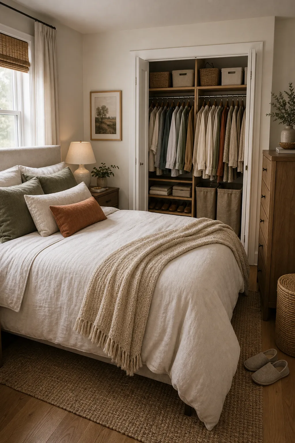 Calm couple bedroom styling with coordinated storage bins and one small shared closet