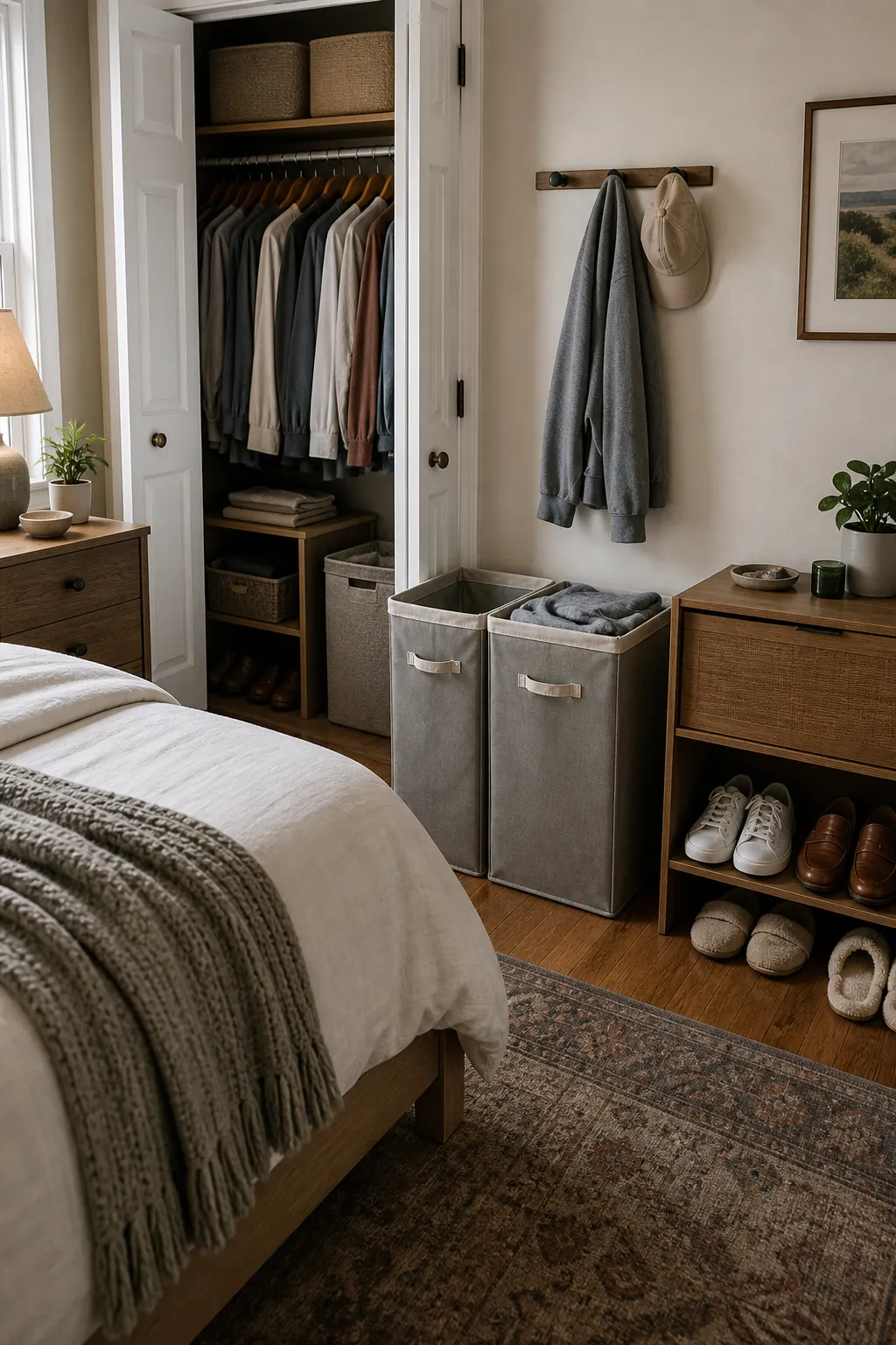 Couple bedroom laundry and shoe landing zone beside a small shared closet