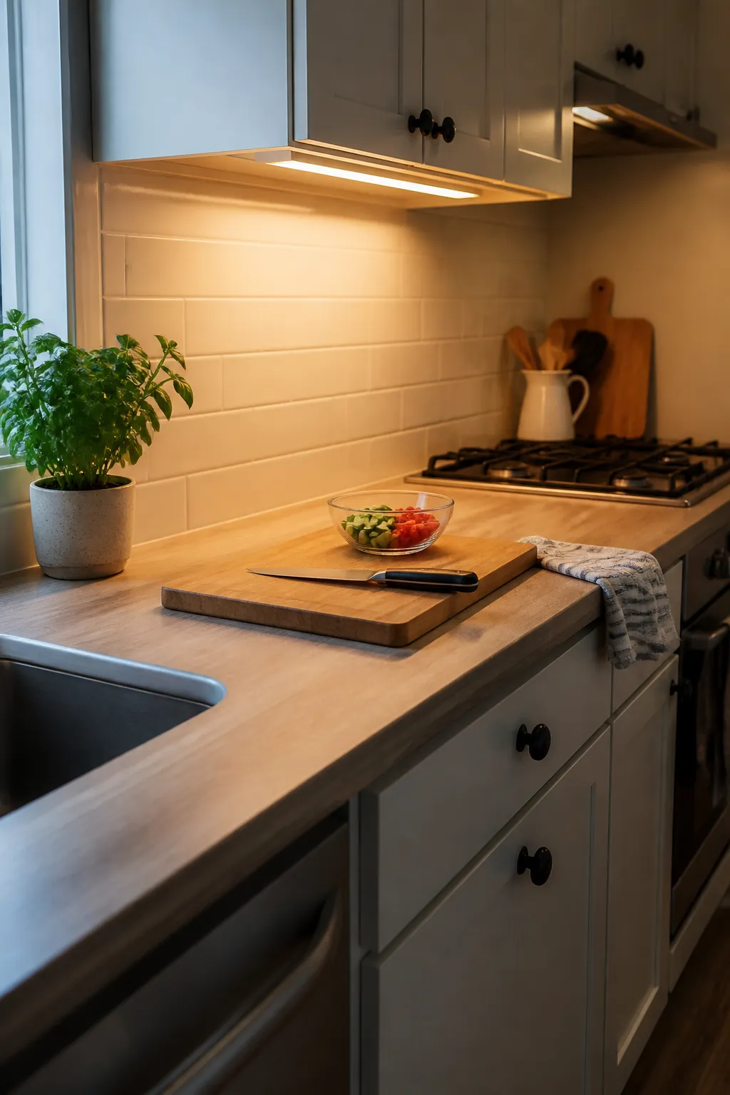 Clear meal prep space on a small kitchen counter with warm task lighting