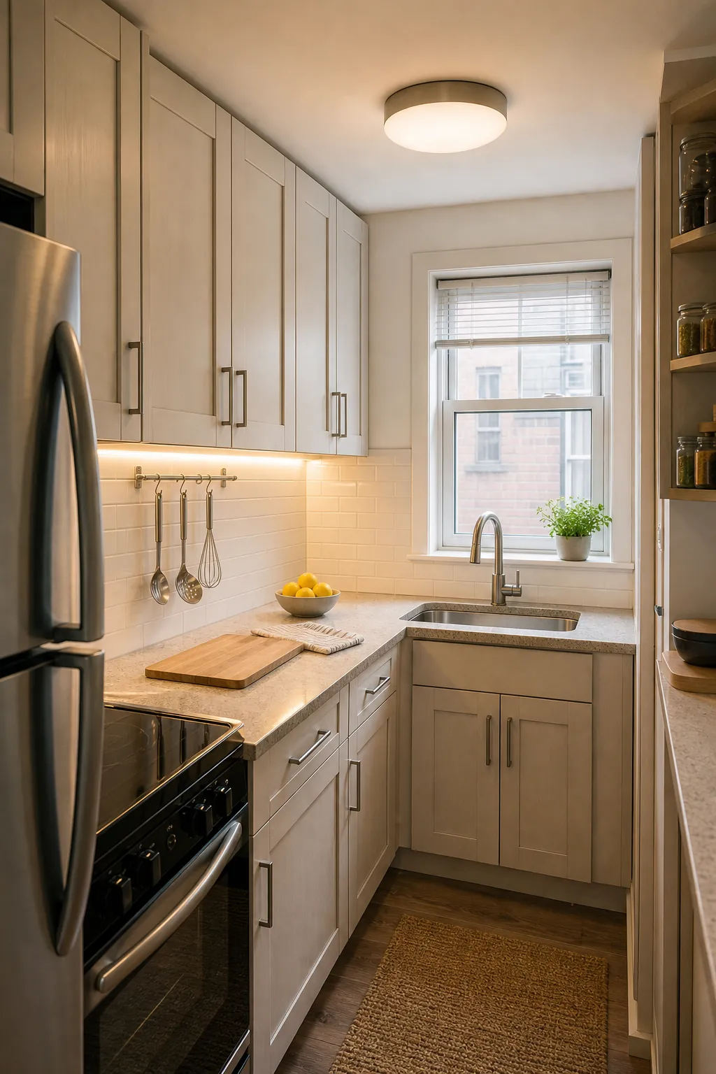 Bright compact kitchen with clear counters and layered lighting