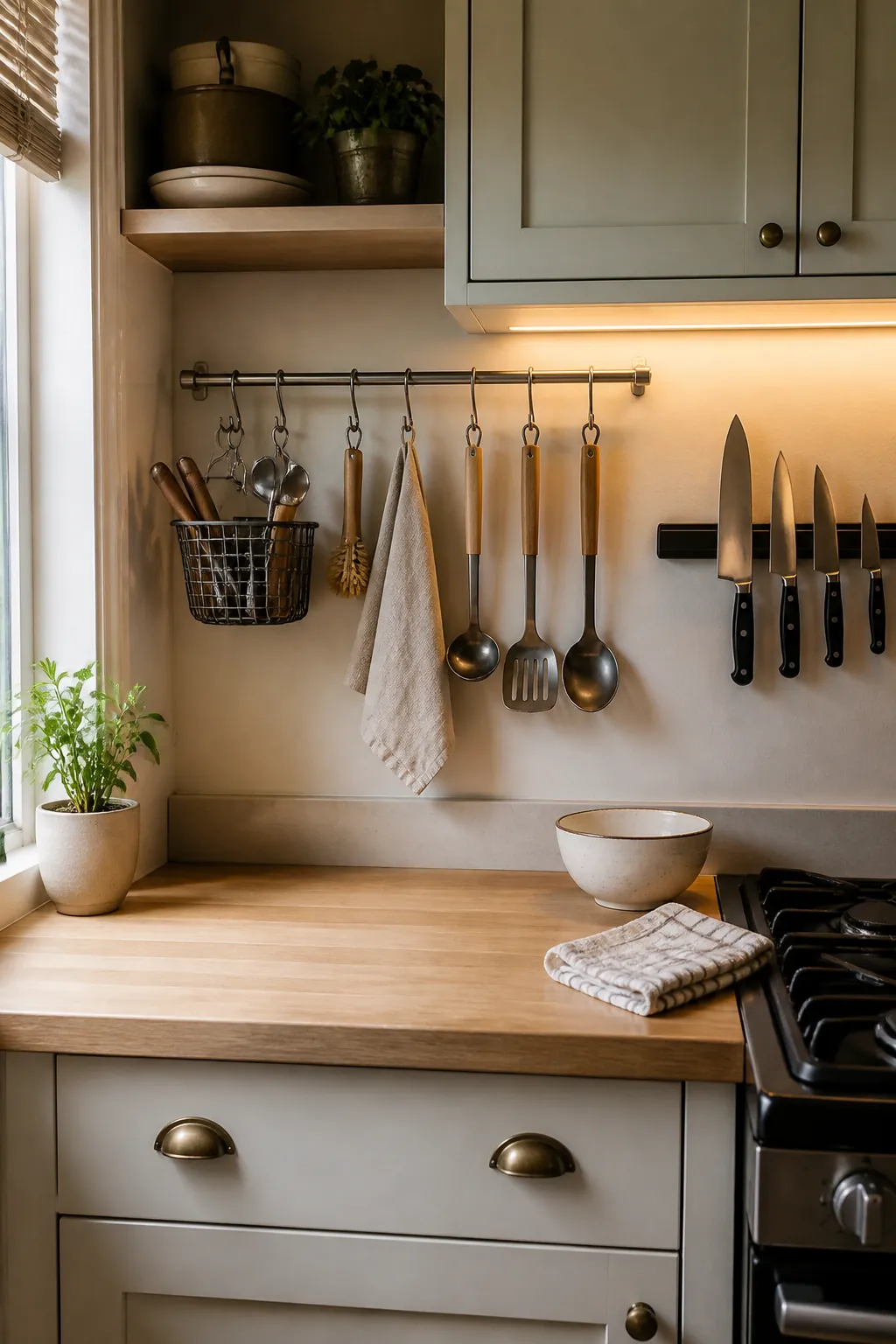 Vertical kitchen storage with wall rail and magnetic knife strip in a small kitchen