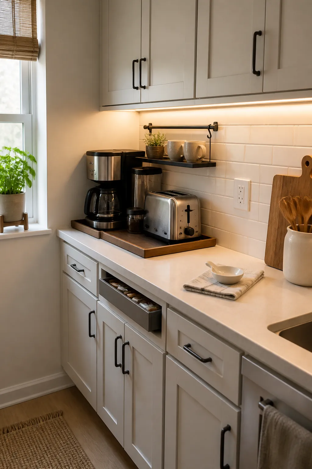 Compact appliance station keeping coffee and toaster items contained on one small kitchen counter
